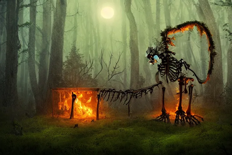 Image similar to a burning human skeleton sitting in foggy forest behind computer at moonlight night, overgrown with moss, dark atmosphere, scary dark fantasy, horror, highly detailed