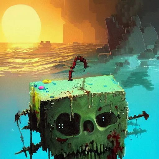 Image similar to painting by greg rutkowski of a minecraft drowned zombie with glowing cyan eyes, wearing ragged clothing and and algae growing on it, holding a trident, underwater