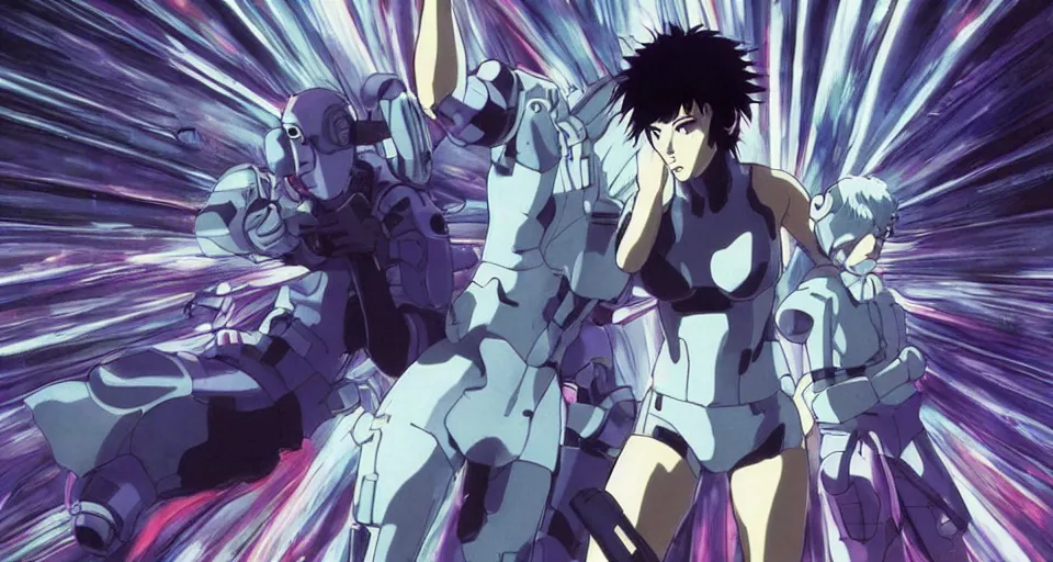 Prompt: Mind, Body, Spirit. Screenshot from an episode of the anime 'Ghost in the shell: Stand Alone Complex' (2003). Produced by 'Production I.G'. Original manga by Masamune Shirow. Art direction by Kazuki Higashiji and Yuusuke Takeda.