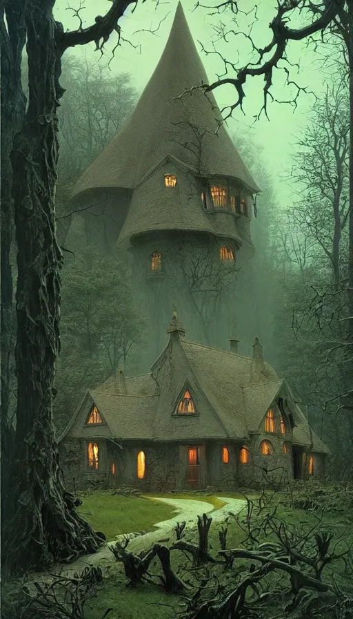 Image similar to witch cottage rococo in the woods moody lighting, highly detailed, painting by zdzisław beksinski and norman rockwell and greg rutkowskiweta studio, and lucasfilm