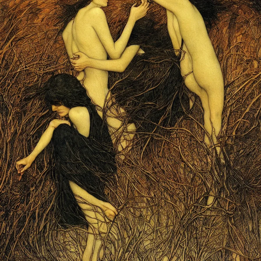 Image similar to artwork about loneliness when time drags on, by carlos schwabe. atmospheric ambiance.