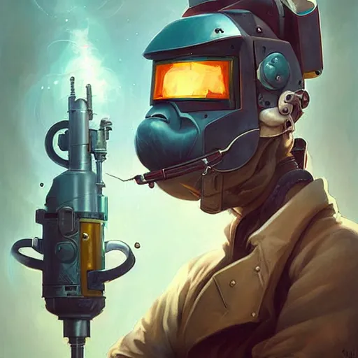 Image similar to beautiful welder portrait cinematic by peter mohrbacher