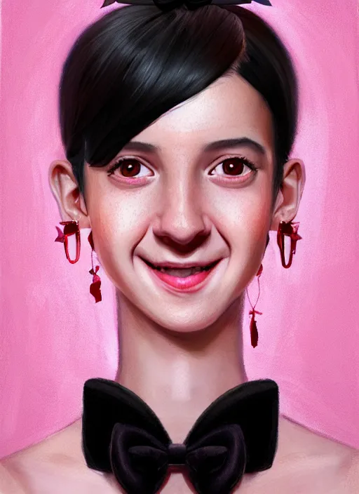 Image similar to portrait of high school girl, realistic, black hair, bangs, half updo hairstyle, pointy nose, skinny, smile, ugly, defined jawline, big chin, pink hair bow, earrings, intricate, elegant, glowing lights, highly detailed, digital painting, artstation, sharp focus, illustration, art by wlop, mars ravelo and greg rutkowski