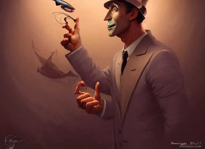 Image similar to a anthropomorphic salmon wearing a detective outfit, diffuse lighting, fantasy, film noir vibes, intricate, elegant, highly detailed, lifelike, photorealistic, digital painting, artstation, illustration, concept art, smooth, sharp focus, art by frank frazetta and marco bucci and loish and rossdraws and artgerm and alphonse mucha