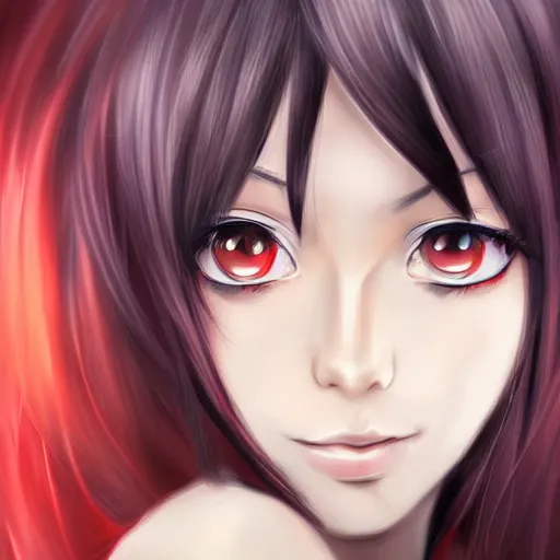 Image similar to professional anime digital art of a beatiful girl with long black hair; red eyes; face portrait; beautiful, appealing face, trending art