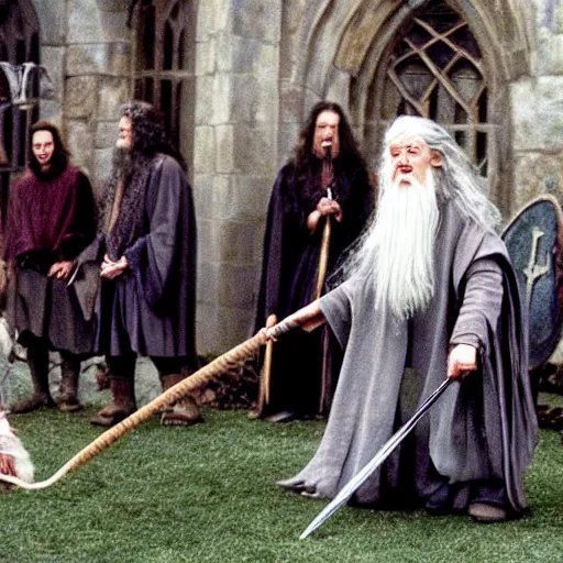 Prompt: Gandalf playing quiddich with Harry potter