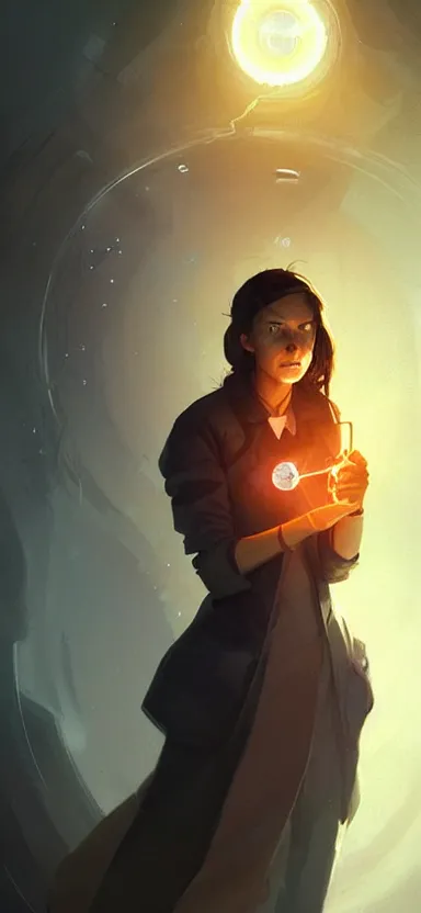 Prompt: a portrait art of a female scientist in a laboratory holding a black hole in her hands, style by jordan grimmer and greg rutkowski, concept art, stylised, elegant, illustration, high quality, highly detailed, long hair, digital art, pinterest