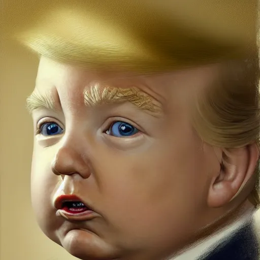Image similar to portrait donald trump as a baby, fine art, award winning, subtle earthy tones, intricate, elegant, sharp focus, cinematic lighting, digital painting, 8 k concept art, by michael hussar and greg manchess and brom and z. w. gu, 8 k