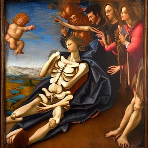 Image similar to skeleton in heaven dressed as renaissance artist painting a portrait of a model dressed as a Saint, painting, renaissance art, detailed, oil painting