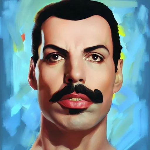 Image similar to greg manchess portrait painting of freddie mercury as super mario, medium shot, asymmetrical, profile picture, organic painting, sunny day, matte painting, bold shapes, hard edges, street art, trending on artstation, by huang guangjian and gil elvgren and sachin teng