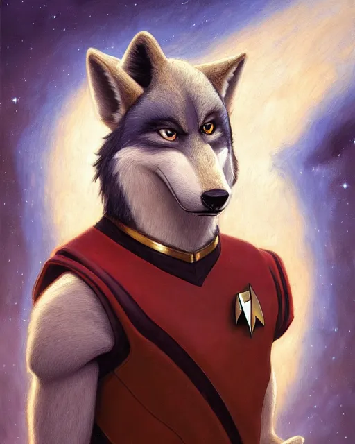 Image similar to painting of anthromorphic male wolf in starfleet uniform, star trek, zootopia, fursona, furaffinity, 4 k, deviantart, furry art, very expressive detailed face, gaston bussiere, craig mullins, jc leyendecker, gustav klimt, artgerm, greg rutkowski, alphonse mucha