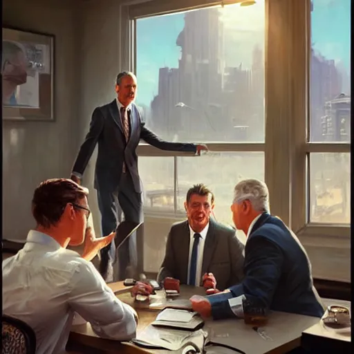 Image similar to epic cinematic hyperrealism masterpiece where happy businessmen appear. realistic poster with shaded lighting by craig mallismo, artgerm, jeremy lipkin and michael garmash, unreal engine, radiant light, detailed and complex environment, digital art, art station trends