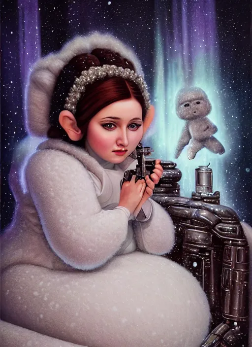 Prompt: highly detailed closeup portrait of a snow, ice princess as princess leia sitting on a throne surrounded by fluffy bears, nicoletta ceccoli, mark ryden, lostfish, earl nore, global illumination, god rays, detailed and intricate environment