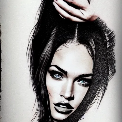 Image similar to realism tattoo sketch of double exposure megan fox, on beautiful mountain scenery faded background, in the style of andrey lukovnikov