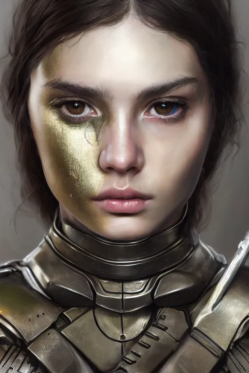 Image similar to a photorealistic painting of an attractive young girl, partially clothed in metal-plated battle armor, olive skin, long dark hair, beautiful bone structure, symmetrical face, perfect eyes, intricate, elegant, digital painting, concept art, illustration, sharp focus, minimal artifacts, from Metal Gear, in the style of Ruan Jia and Mandy Jurgens and Greg Rutkowski, trending on Artstation, award winning