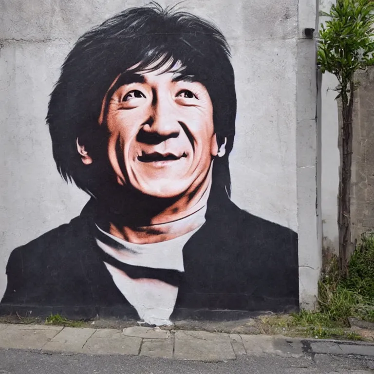 Image similar to Street-art full-body portrait of Jackie Chan in style of Banksy