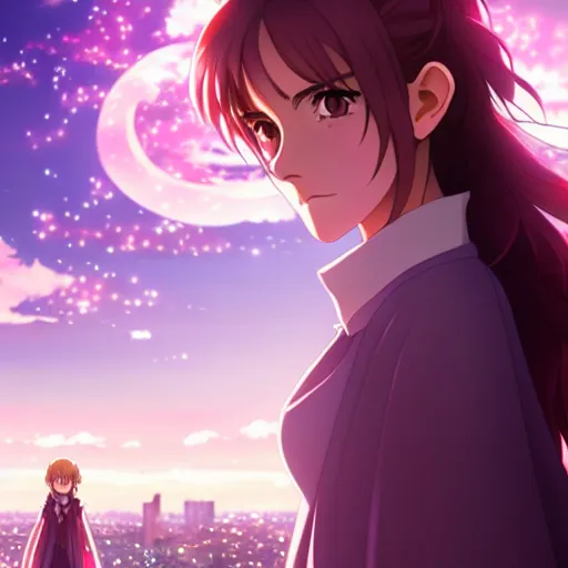 Image similar to portrait emma watson in heavens feel movie, tokyo, ufotable, key visual, cinematic, city background, night time, rooftop, fate stay night, unlimited blade works, greg rutkowski, high resolution, street clothes, anime, high budget