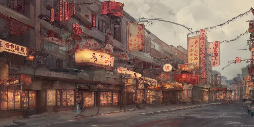 Image similar to old cinema in chinatown, evening, matte painting, studio ghibli, artstation