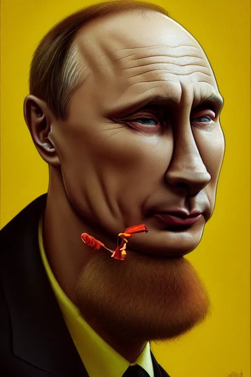 Image similar to vladimir putin as a yellow funny character from the simpsons, realistic portrait, symmetrical, highly detailed, digital painting, artstation, concept art, smooth, sharp focus, illustration, cinematic lighting, art by artgerm and greg rutkowski and alphonse mucha