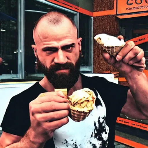 Prompt: kratos the god of war eating a double scoop ice cream