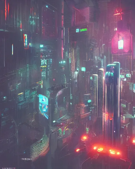 Image similar to cyberpunk drone above a city, scifi, futuristic, neon light, highly detailed, concept art, sharp focus, trending on artstation, intricate, atmosphere, raining, art by roman makarenko, dzung phung dinh