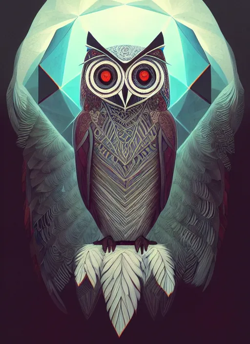 Prompt: portrait of a geometric owl, identical eyes, medium shot, illustration, full body made of white feathers, 8 k, symmetrical, art stand, super detailed, cinematic lighting, and its detailed and intricate, gorgeous, by peter mohrbacher