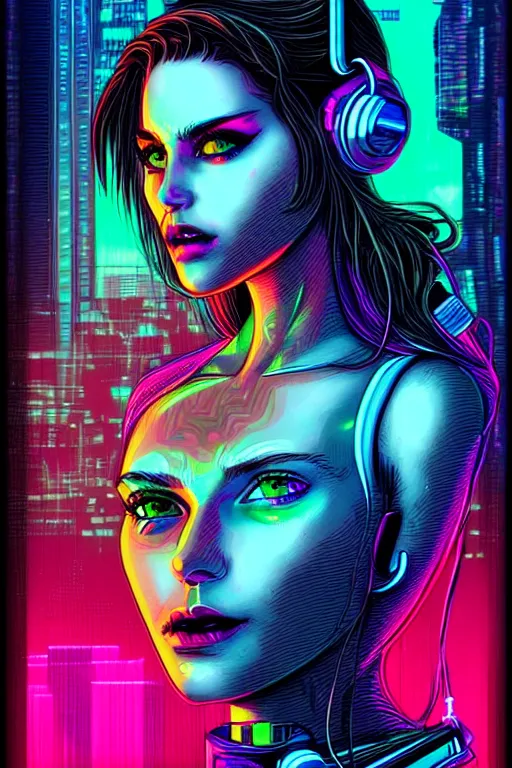 Image similar to dreamy cyberpunk girl portrait, neon wall on background, detailed acrylic, grunge, intricate complexity, by dan mumford and by jonathan solter