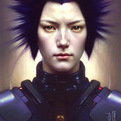 Image similar to Masterpiece head and shoulder portrait of Major Kusanagi from Ghost in the Shell drawn by Donato Giancola and Tom Bagshaw, face by Artgerm and Edmund Leighton, Alphonse Mucha, background by James Jean and Gustav Klimt, 4k, porcelain skin, komorebi, french nouveau, trending on artstation, octane render, hyperrealistic