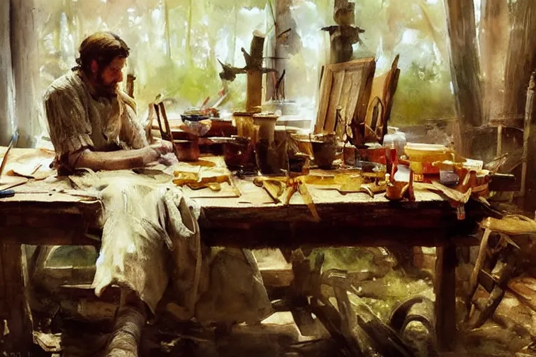 Image similar to paint brush strokes, abstract watercolor painting of medieval workbench, cloth, art by hans dahl, by jesper ejsing, art by anders zorn, wonderful masterpiece by greg rutkowski, cinematic light, american romanticism by greg manchess, creation by tyler edlin