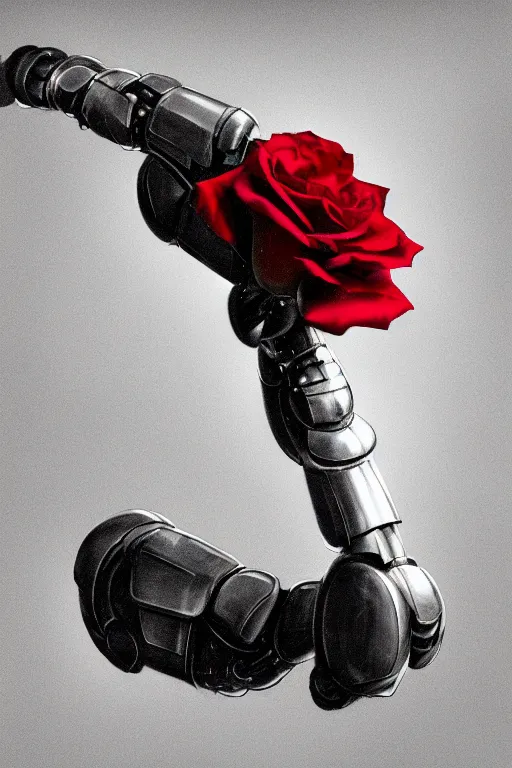 Image similar to a close-up portrait of a robotic arm holding a red rose, painted by Raphel, dramatic backlighting, autochrome, chiaroscuro, highly detailed, sharp focus, digital painting, concept art, illustration, rock, trending on artstation, art by Ruan Jia and Raphael, Art directed by Shepard Fairey, color scheme by Mandy Jurgens