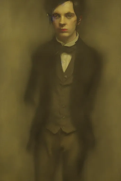 Prompt: detailed cinematic moody colors studio portrait of a young victorian gentleman being controled like a puppet, creepy possesed evil vibe, high quality by jeremy mann, only one head single portrait