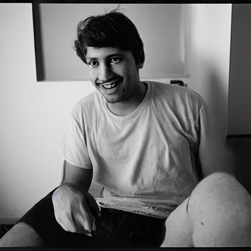 Image similar to a beautiful portrait of a happy handsome guy, new york city apartment, florescent lighting, kodak tri-x pan film, black and white, 35mm film, award winning photo, by larry clark 1994 from the international center of photography