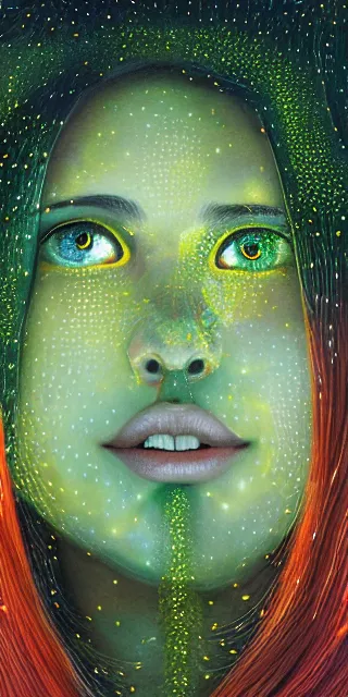 Image similar to infp young woman, smiling amazed, golden fireflies lights, sitting in the midst of nature fully covered, long loose red hair, intricate linework, bright accurate green eyes, small nose with freckles, oval shape face, realistic, expressive emotions, dramatic lights spiritual scene, hyper realistic ultrafine art by michael cheval, jessica rossier, boris vallejo