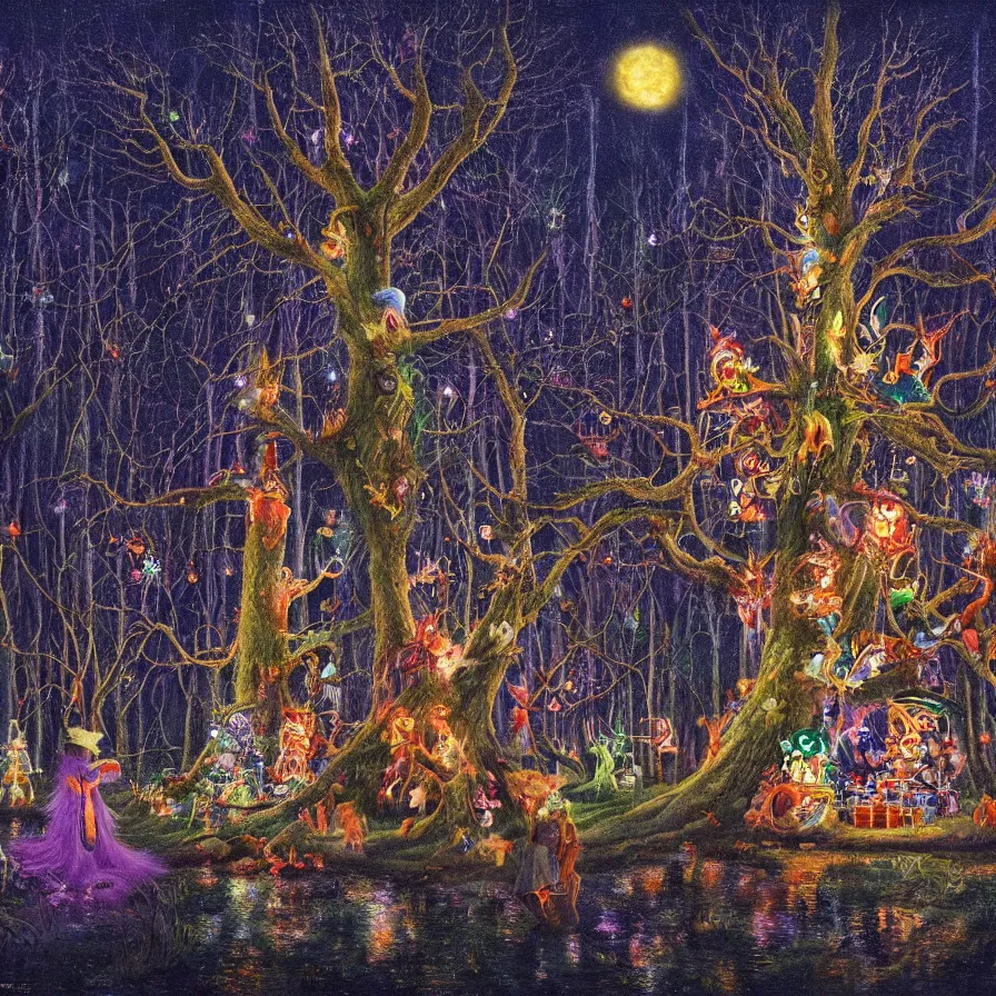 Image similar to a night carnival around a magical tree cavity, with a surreal orange moonlight and fireworks in the background, next to a lake with iridiscent water, christmas lights, folklore animals and people disguised as fantastic creatures in a magical forest by summer night, masterpiece painted bypeter christian skovgaard, dark night environment