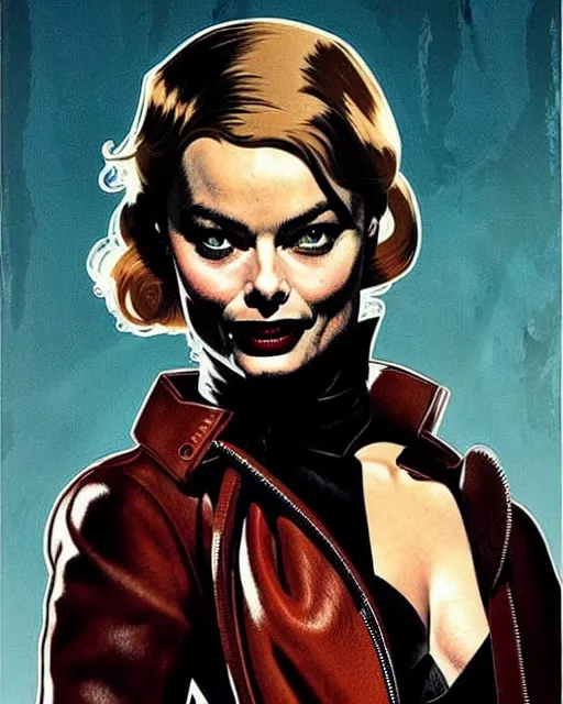 Image similar to Rafael Albuquerque art, Norman Rockwell art, pretty Margot Robbie as a vampire sharp teeth evil smile with 5 long sharp fingers, symmetrical face symmetrical eyes, leather jacket, jeans