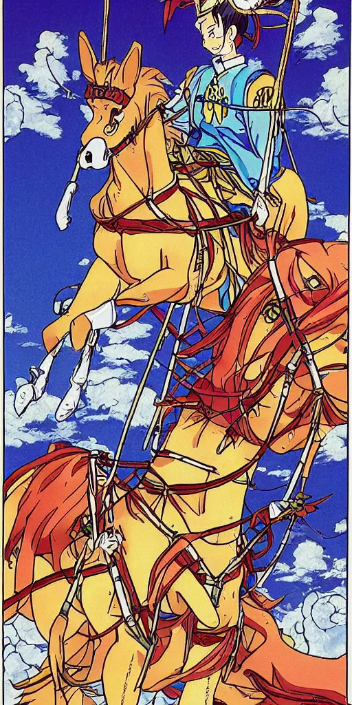 Image similar to a chariot drawn by horse in japan, 1990s anime, full color, tarot card the chariot,