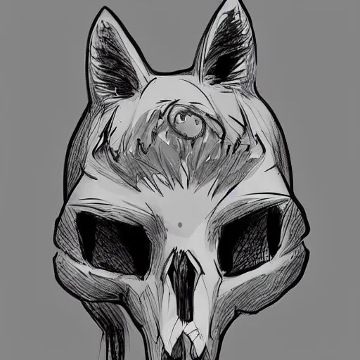 Image similar to a fox skull that contains a potion, stoppered. digital ink sketch. prop design. # digitalsketch # monochrome # sketch # ink # characterdesign # dndcharacter # charactersketch # characterconcept # conceptart