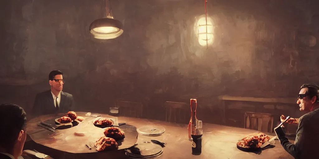 Image similar to Dale Cooper is eating meatballs at the Black Lodge, Greg Rutkowski, Darek Zabrocki, Karlkka, Jayison Devadas, Phuoc Quan, trending on Artstation, 8K, ultra wide angle, pincushion lens effect.