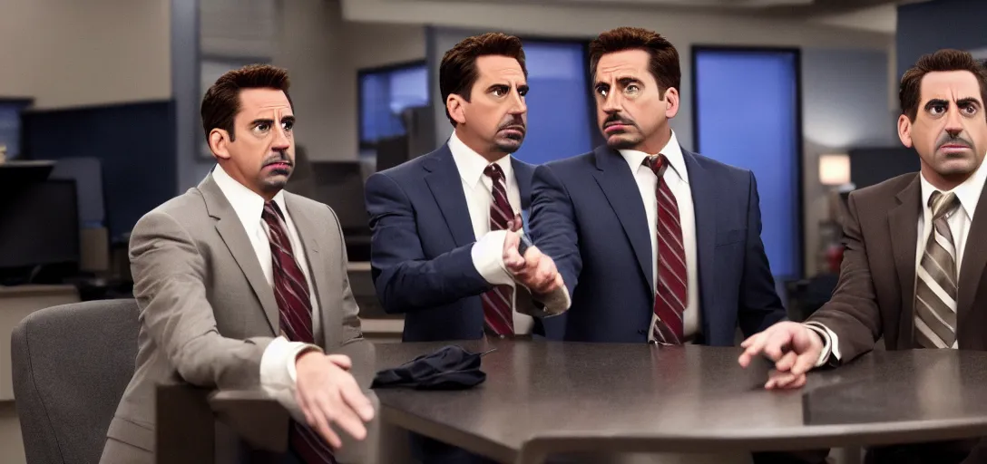 Image similar to a very high resolution image of tony stark and micheal scott. from an episode of the office. photorealistic, photography