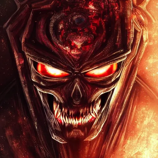 Image similar to a dark matter schizophrenia sphare limbo digital art angry portrait demon in iron armor with diamonds sits on the black throne of death and looks with red eyes into the darkness against the background of a bright red sun