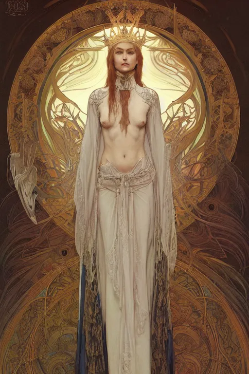 Image similar to a full body portrait of a beautiful ethereal delicate nordic mage queen meditative sacral pose catholic stages of the cross, intricate, elegant, highly detailed, digital painting, artstation, concept art, smooth, sharp focus, illustration, art by krenz cushart and artem demura and alphonse mucha