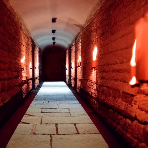 Image similar to A dark hallway made of red sandstone lit up by primitive torches. Red hooded figures stand next to the torches. With there faces hidden by shadow.