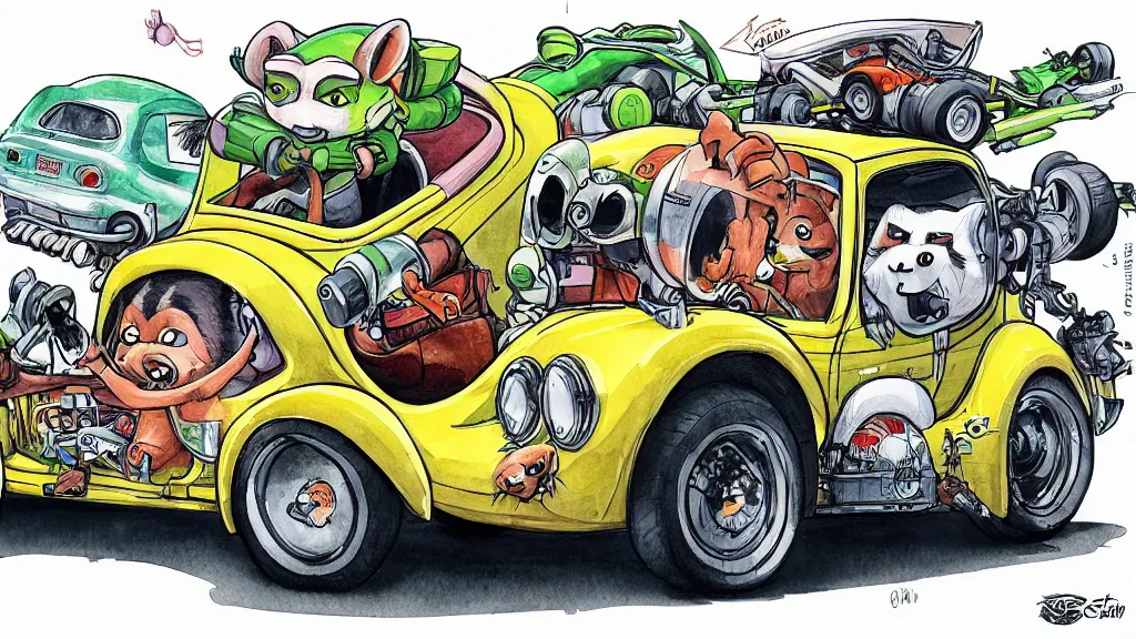 Prompt: cute and funny, racoon riding in a tiny hot rod coupe with oversized engine, ratfink style by ed roth, centered award winning watercolor pen illustration, isometric illustration by chihiro iwasaki, edited by range murata