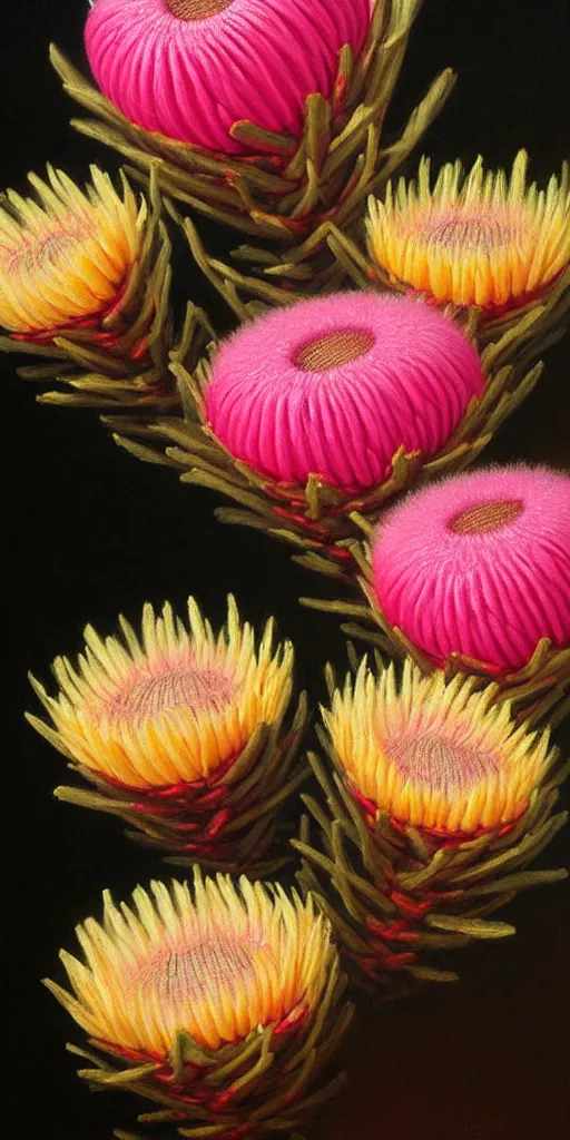 Image similar to detailed pink and yellow protea pincushions against a black backdrop by thomas cole, detailed brush strokes, oil painting, artstation