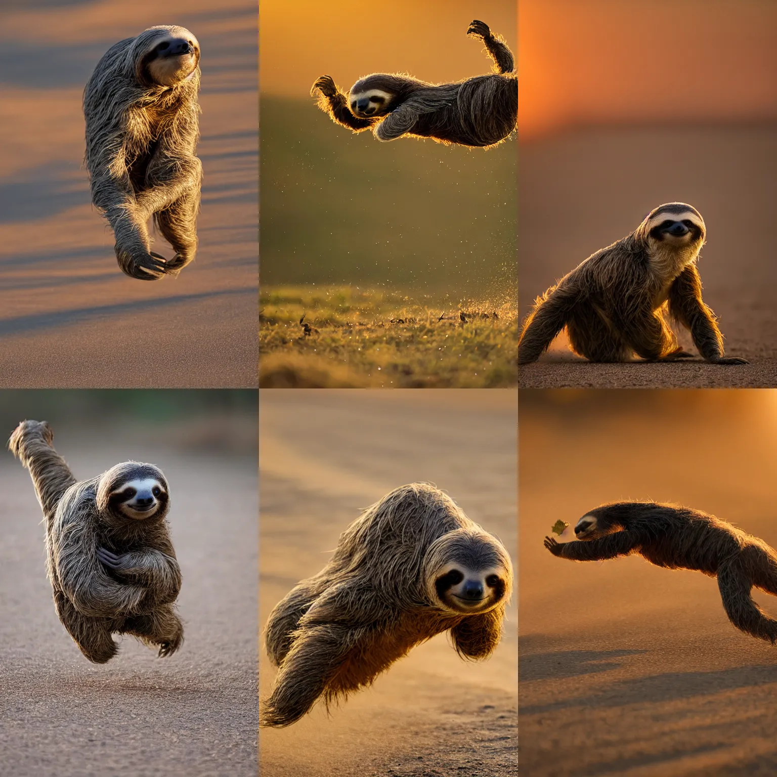 Prompt: a sloth running at full speed, leaving a trail of dust behind, at sunset, golden hour, wildlife photography, nature photography, high shutter speed, majestic, beautiful, 200mm, f2.8, bokeh