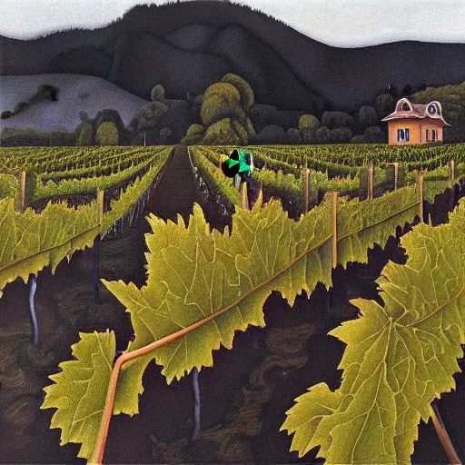 Image similar to Hyperrealism traditional austian vineyard work, painting by MC Escher