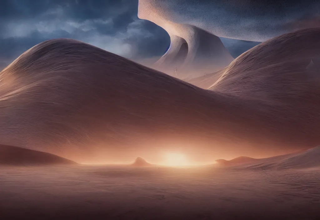 Image similar to a dramatic epic ethereal stunning beautiful and insanely detailed matte painting of the movie Dune, atmospheric!! and vaporwave composition, digital art by John Martin and Jean Giraud, winning-award masterpiece, fantastic, octane render, 8K HD Resolution, High quality image