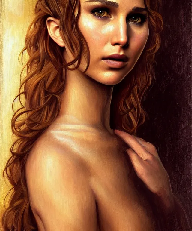 Image similar to half nathalie portman half Jennifer lawrence a fantasy magic woman portrait by Sandro Botticelli, oil painting masterpiece, sci-fi, amber eyes, face, long hair, fantasy, intricate, elegant, highly detailed, digital painting, artstation, concept art, smooth, sharp focus, illustration, art by artgerm and greg rutkowski and alphonse mucha