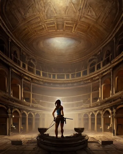 Image similar to lara croft exploring an italian opera house as she hides from numerous musclebound male goons patrolling the area, by wlop, greg rutkowski and peter mohrbacher, extremely detailed shading, concept art, digital painting, trending on artstation, unreal engine 5, octane render, atmosphere, lens flare, glow, cinematic lighting, full of color