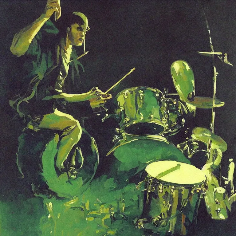 Prompt: a beautiful painting by mead schaeffer of an octopus playing drums and telecaster guitar in a rock concert, dark background, green concert light, dark mood